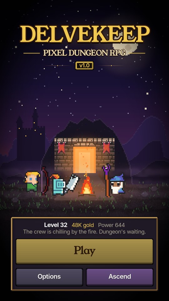 Home screen with the three heroes by a campfire